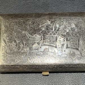 Indian Mogul’s Silver Cigarettes Case “ Tiger Hunt Scenes ‘ engraved Antique Silver