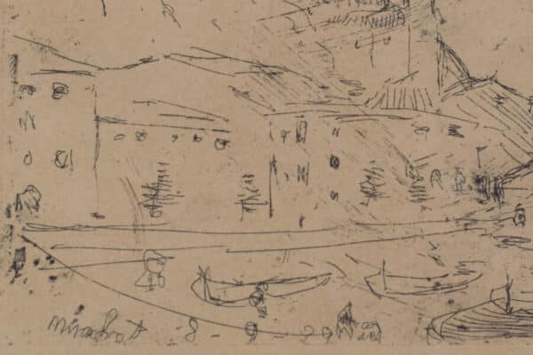 Joaquin Mir Trinxet – Fishing Village – Etching, 1929 drawing Antique Art 7