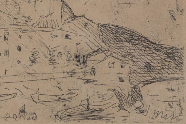 Joaquin Mir Trinxet – Fishing Village – Etching, 1929 drawing Antique Art 8