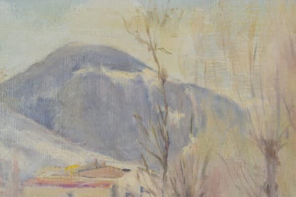 Impressionist Snowscape With Mountain Village impressionist Antique Art 7