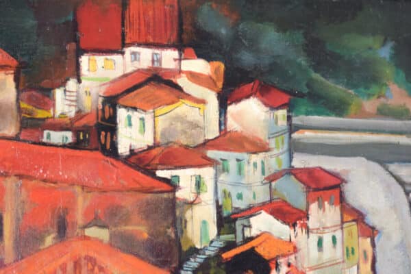 Jesús Casaus – Post-Impressionist Painting of Red Roofs in Cudillero, Spain Cityscape Antique Art 9