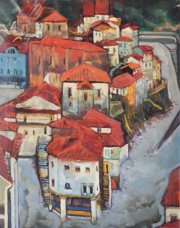 Jesús Casaus – Post-Impressionist Painting of Red Roofs in Cudillero, Spain Cityscape Antique Art 6