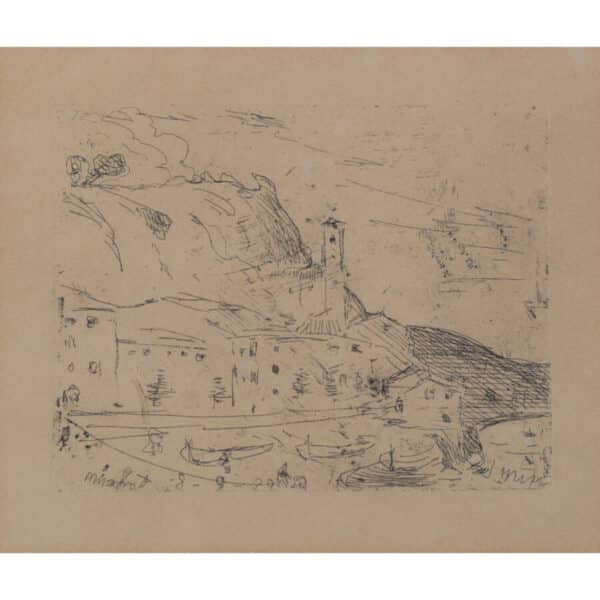 Joaquin Mir Trinxet – Fishing Village – Etching, 1929 drawing Antique Art 3