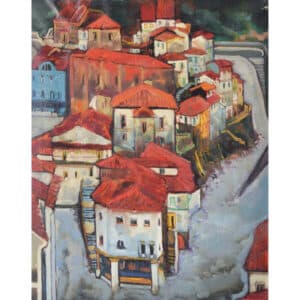 Jesús Casaus – Post-Impressionist Painting of Red Roofs in Cudillero, Spain Cityscape Antique Art