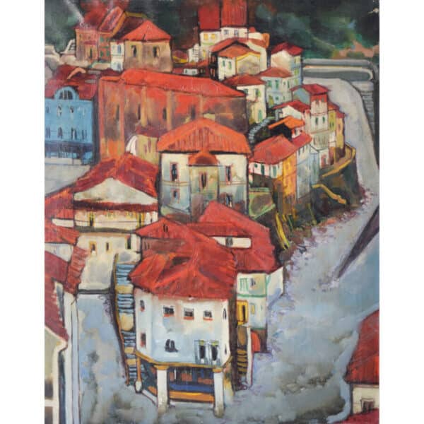 Jesús Casaus – Post-Impressionist Painting of Red Roofs in Cudillero, Spain Cityscape Antique Art 4