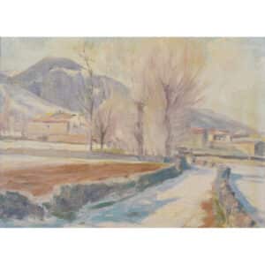 Impressionist Snowscape With Mountain Village impressionist Antique Art