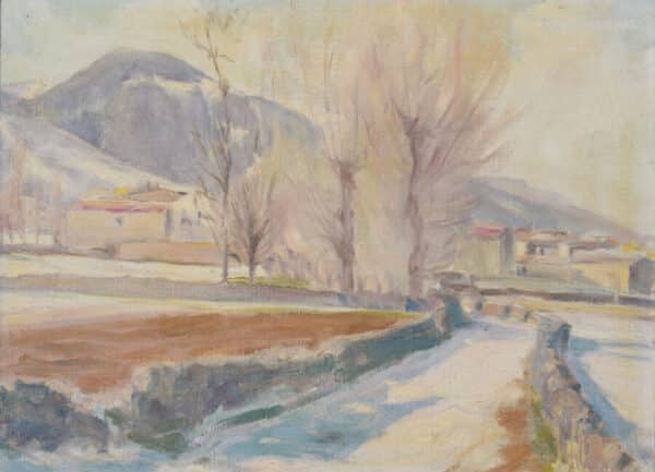 Impressionist Snowscape With Mountain Village impressionist Antique Art 4