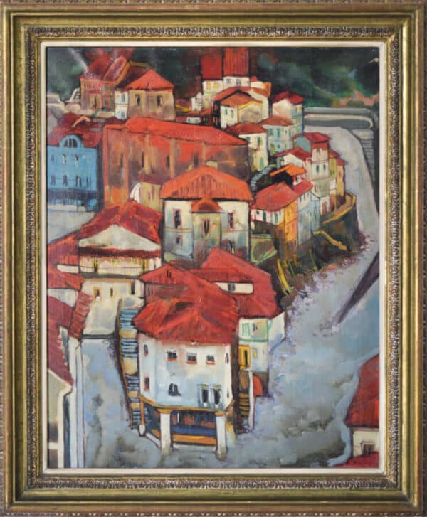 Jesús Casaus – Post-Impressionist Painting of Red Roofs in Cudillero, Spain Cityscape Antique Art 5