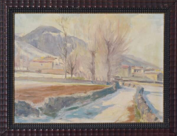 Impressionist Snowscape With Mountain Village impressionist Antique Art 5