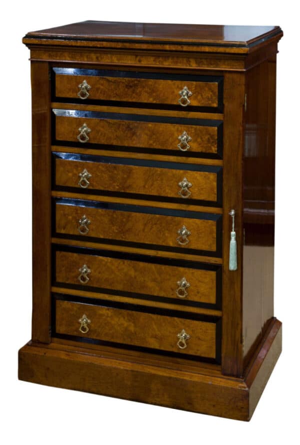 Walnut, amboyna and ebonised wellington chest c1870