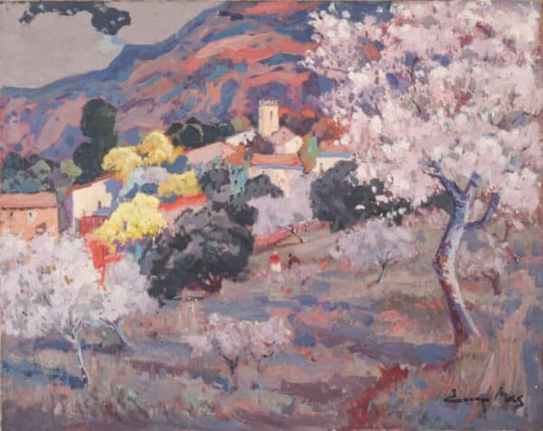 Josep Mas Pou – Almond Blossom Landscape blossom Antique Art 4