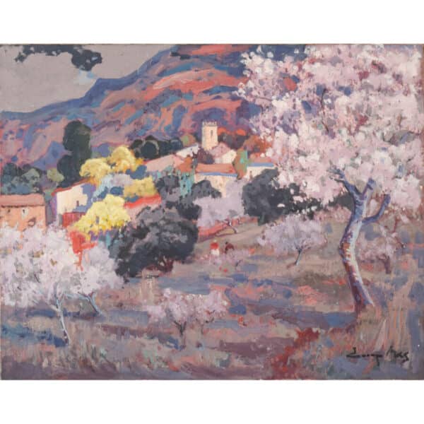 Josep Mas Pou – Almond Blossom Landscape blossom Antique Art 3
