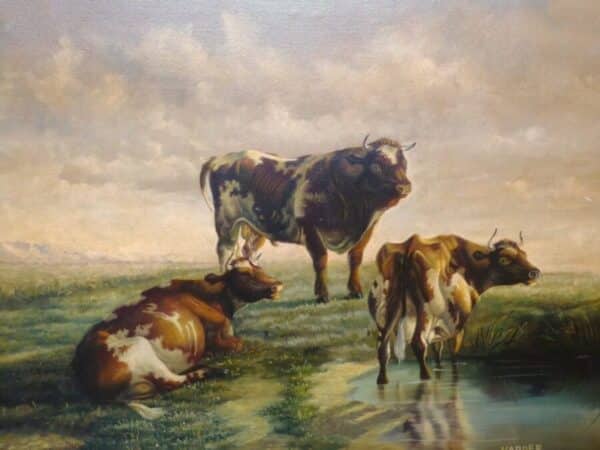 Cattle Resting By Heinrich Harder (1858-1935 German ) 19th Landscape Oil Painting Of A Bull - Image 2