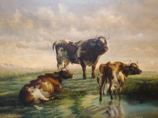 Cattle Resting By Heinrich Harder (1858-1935 German ) 19th Landscape Oil Painting Of A Bull Antique Oil Painting Antique Art 4