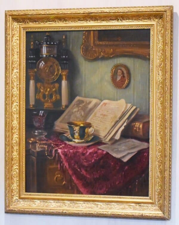 Still Life Oil Painting Interior Scene Of Table Teacup Portico Clock