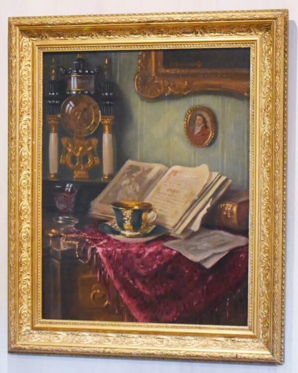 Still Life Oil Painting Interior Scene Of Table Teacup Portico Clock Antique Oil Painting Antique Art 3