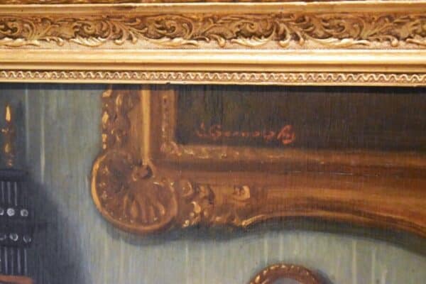 Still Life Oil Painting Interior Scene Of Table Teacup Portico Clock - Image 6
