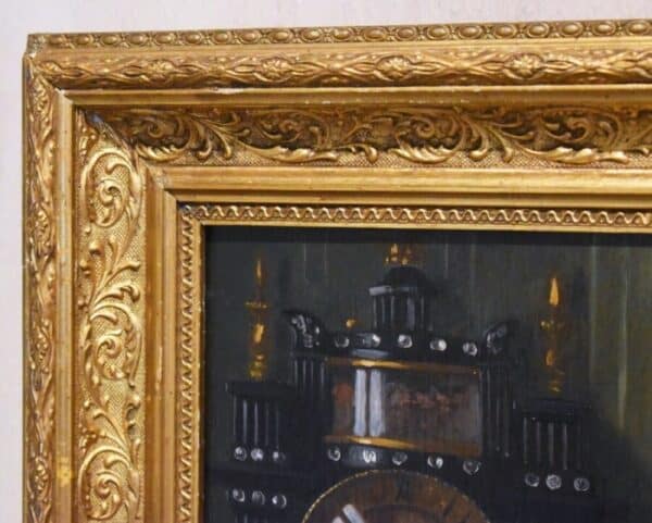 Still Life Oil Painting Interior Scene Of Table Teacup Portico Clock - Image 7