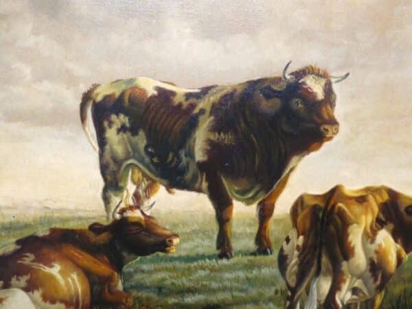 Cattle Resting By Heinrich Harder (1858-1935 German ) 19th Landscape Oil Painting Of A Bull Antique Oil Painting Antique Art 5
