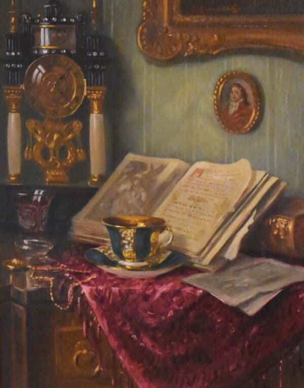 Still Life Oil Painting Interior Scene Of Table Teacup Portico Clock - Image 4