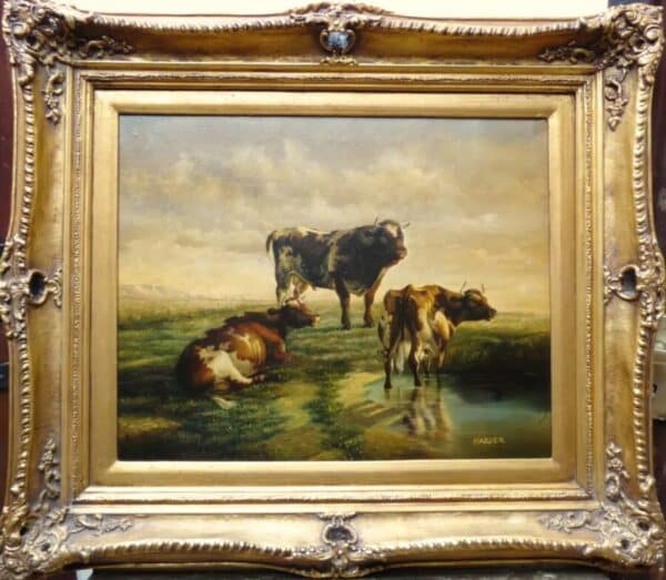 Cattle Resting By Heinrich Harder (1858-1935 German ) 19th Landscape Oil Painting Of A Bull