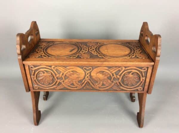 Arts and Crafts Carved Oak Bench / Window Seat Arts and Crafts Antique Furniture 6
