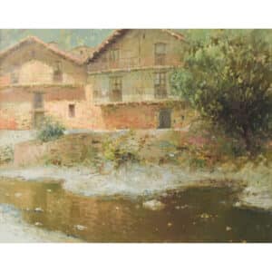Joan Ramon Palau Junca – Impressionist Painting with River and Chalets fine art Antique Art