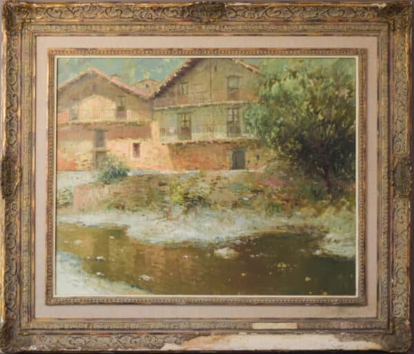 Joan Ramon Palau Junca – Impressionist Painting with River and Chalets fine art Antique Art 5