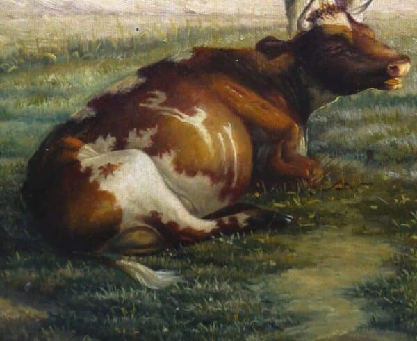 Cattle Resting By Heinrich Harder (1858-1935 German ) 19th Landscape Oil Painting Of A Bull Antique Oil Painting Antique Art 7