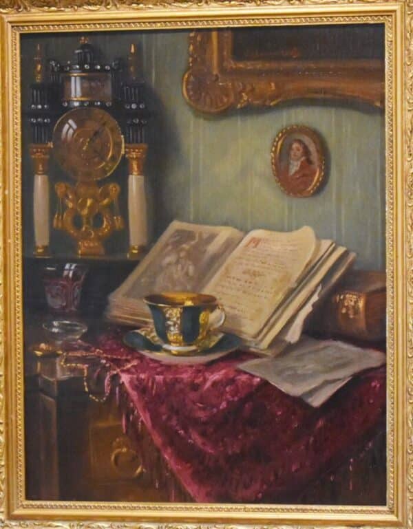 Still Life Oil Painting Interior Scene Of Table Teacup Portico Clock - Image 3
