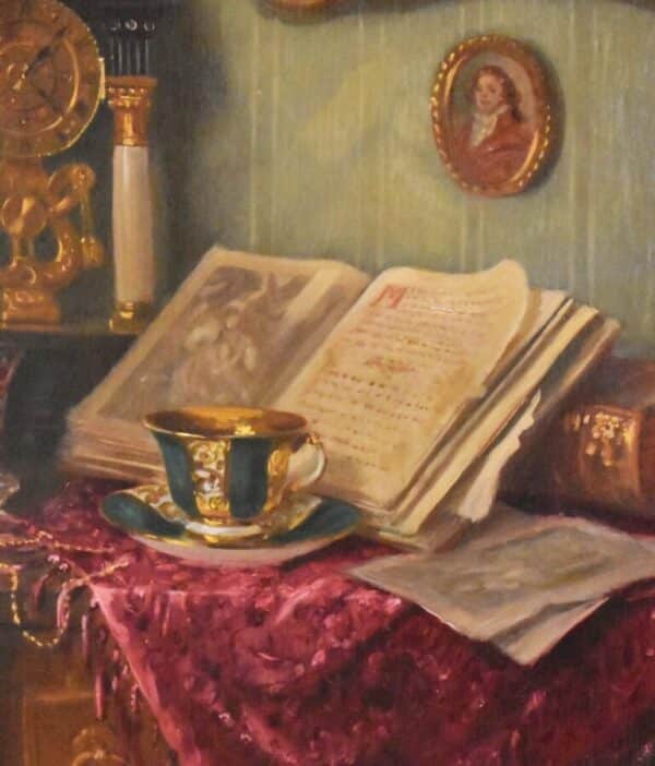 Still Life Oil Painting Interior Scene Of Table Teacup Portico Clock - Image 5