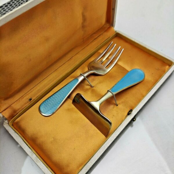 Antique Art Deco Sterling Solid Silver & Enamel Pusher & Fork Antique Silver Antique Silver 3