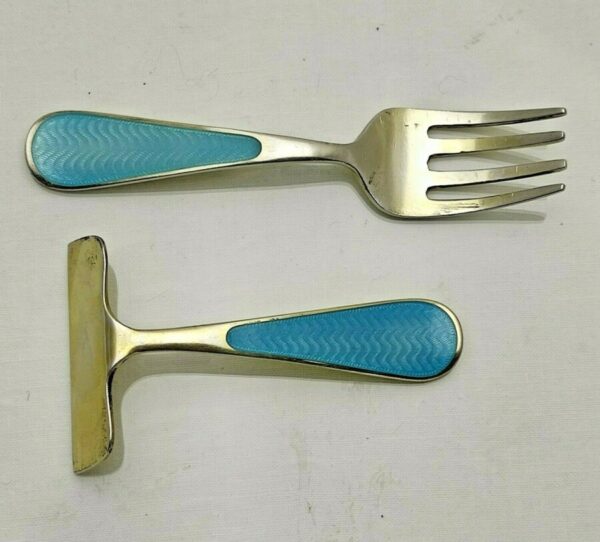 Antique Art Deco Sterling Solid Silver & Enamel Pusher & Fork Antique Silver Antique Silver 12