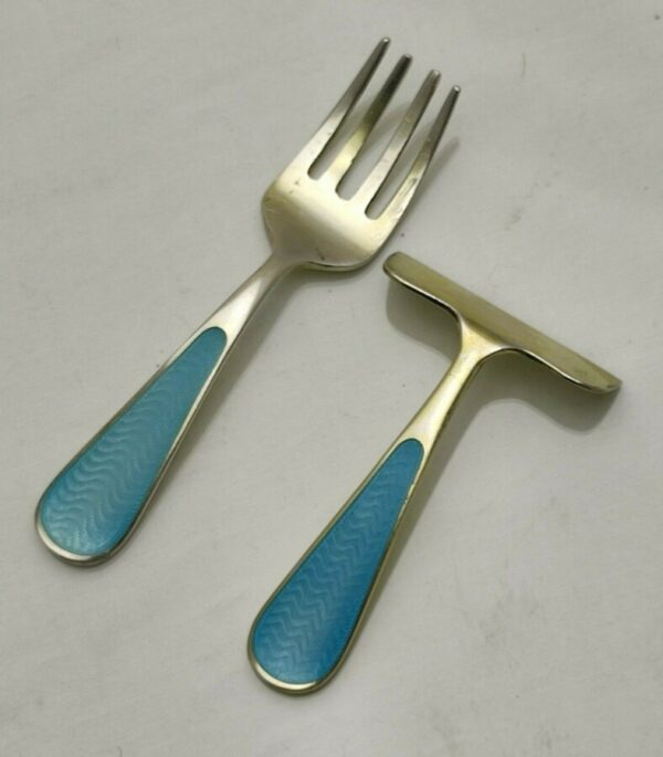 Antique Art Deco Sterling Solid Silver & Enamel Pusher & Fork - Image 3