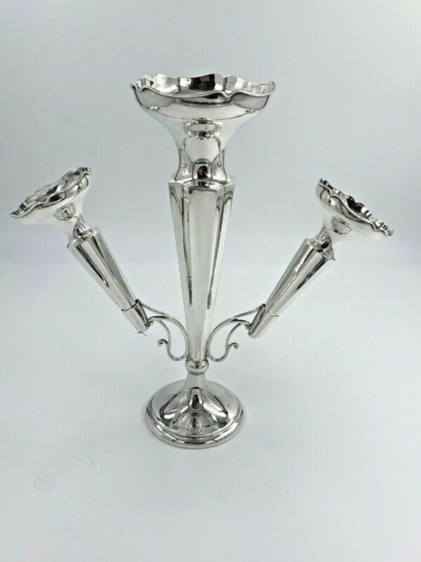Antique Solid Sterling Silver 3 Trumpet Flute Epergne Chester 1920 - Image 3