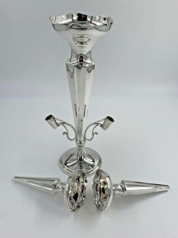 Antique Solid Sterling Silver 3 Trumpet Flute Epergne Chester 1920 - Image 6