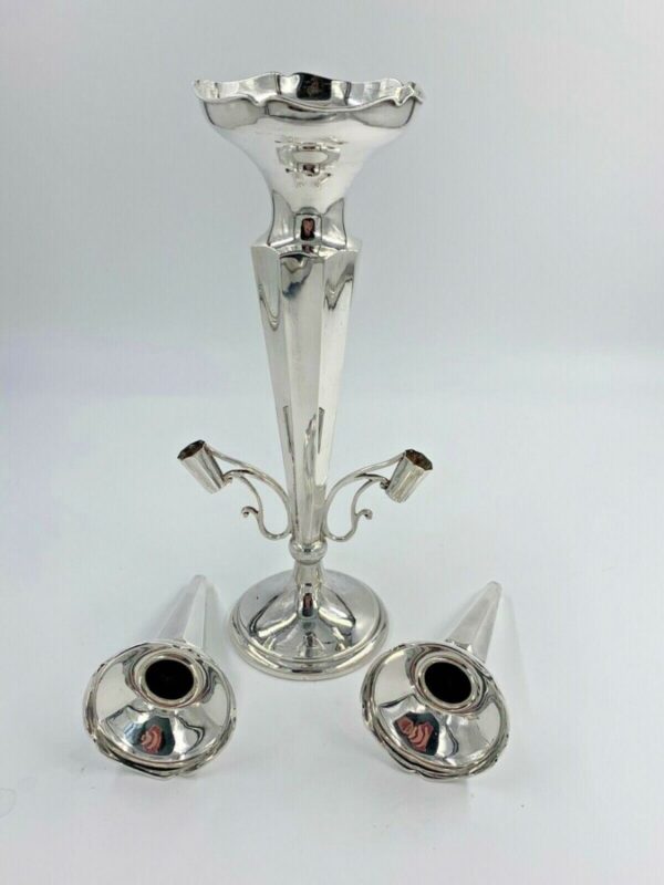 Antique Solid Sterling Silver 3 Trumpet Flute Epergne Chester 1920 - Image 7