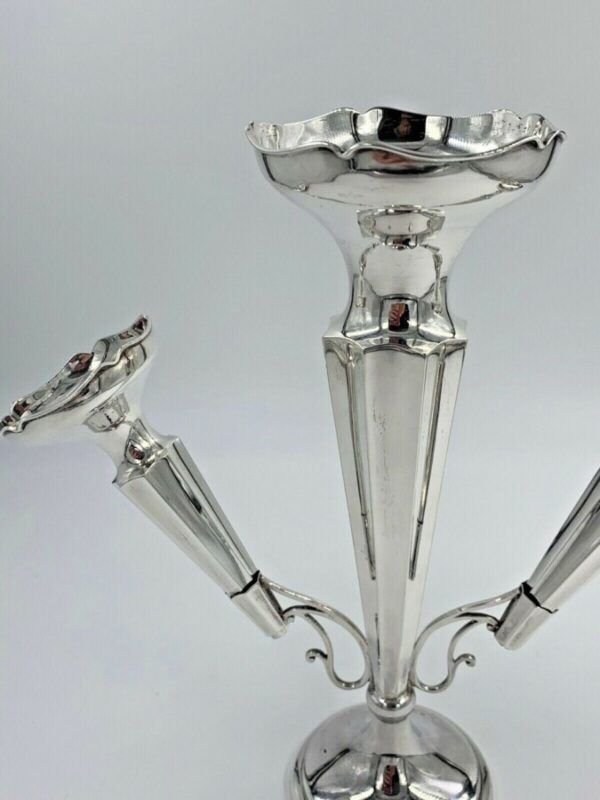 Antique Solid Sterling Silver 3 Trumpet Flute Epergne Chester 1920 - Image 4