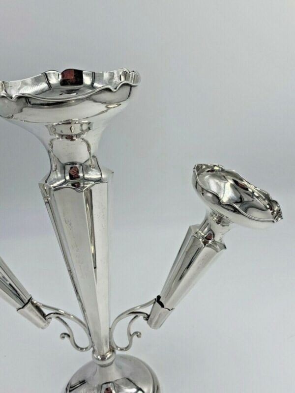Antique Solid Sterling Silver 3 Trumpet Flute Epergne Chester 1920 - Image 5