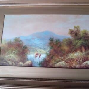 PAIR of SCENIC LANDSCAPES. OIL ON BOARD. VICTORIAN. SIGNED Antique Art