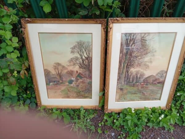 PAIR of BEAUTIFUL WATER COLOURS. GILDED FRAMED–SINGED & DATED 1909 Antique Art 3