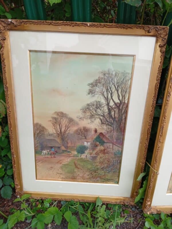 PAIR of BEAUTIFUL WATER COLOURS. GILDED FRAMED–SINGED & DATED 1909 Antique Art 4