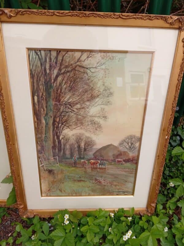 PAIR of BEAUTIFUL WATER COLOURS. GILDED FRAMED–SINGED & DATED 1909 Antique Art 5