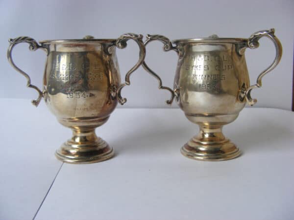 Rare 2 x Sterling Silver Trophy Loving Cup Huddersfield & District Cricket Club 1953 1954 League Sykes Cup Cricket Antique Silver 3