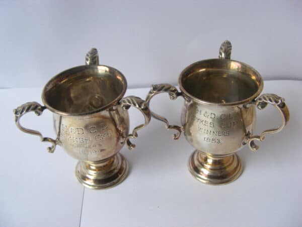 Rare 2 x Sterling Silver Trophy Loving Cup Huddersfield & District Cricket Club 1953 1954 League Sykes Cup Cricket Antique Silver 4