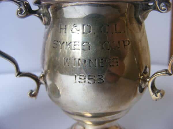 Rare 2 x Sterling Silver Trophy Loving Cup Huddersfield & District Cricket Club 1953 1954 League Sykes Cup Cricket Antique Silver 5