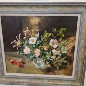 ‘Honeysuckle and Wild Roses’ Oil on Board Painting Antique Art