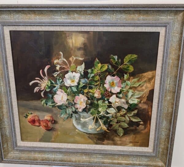 ‘Honeysuckle and Wild Roses’ Oil on Board Painting Antique Art 3