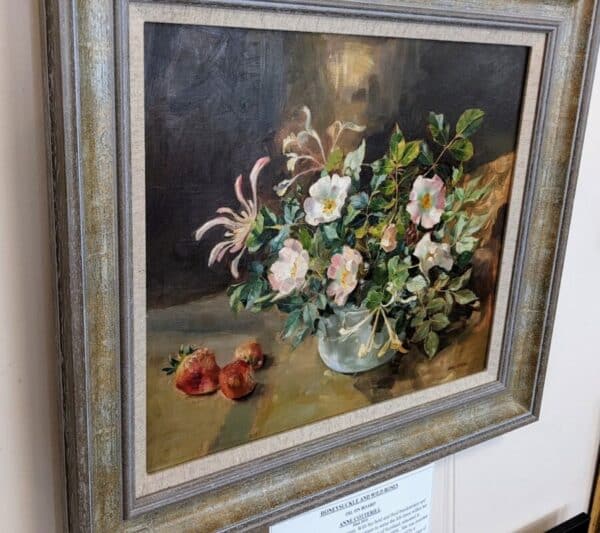 ‘Honeysuckle and Wild Roses’ Oil on Board Painting Antique Art 4