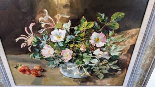 ‘Honeysuckle and Wild Roses’ Oil on Board Painting Antique Art 5
